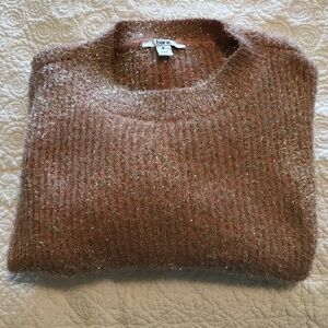 Bar III fuzzy pink crewneck long sleeved ribbed sweater with silver tinsel (S)